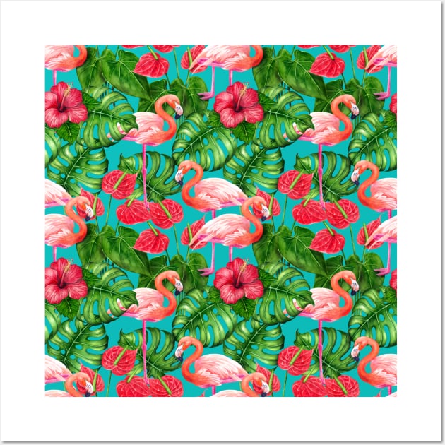 Flamingo birds and tropical garden watercolor Wall Art by katerinamk